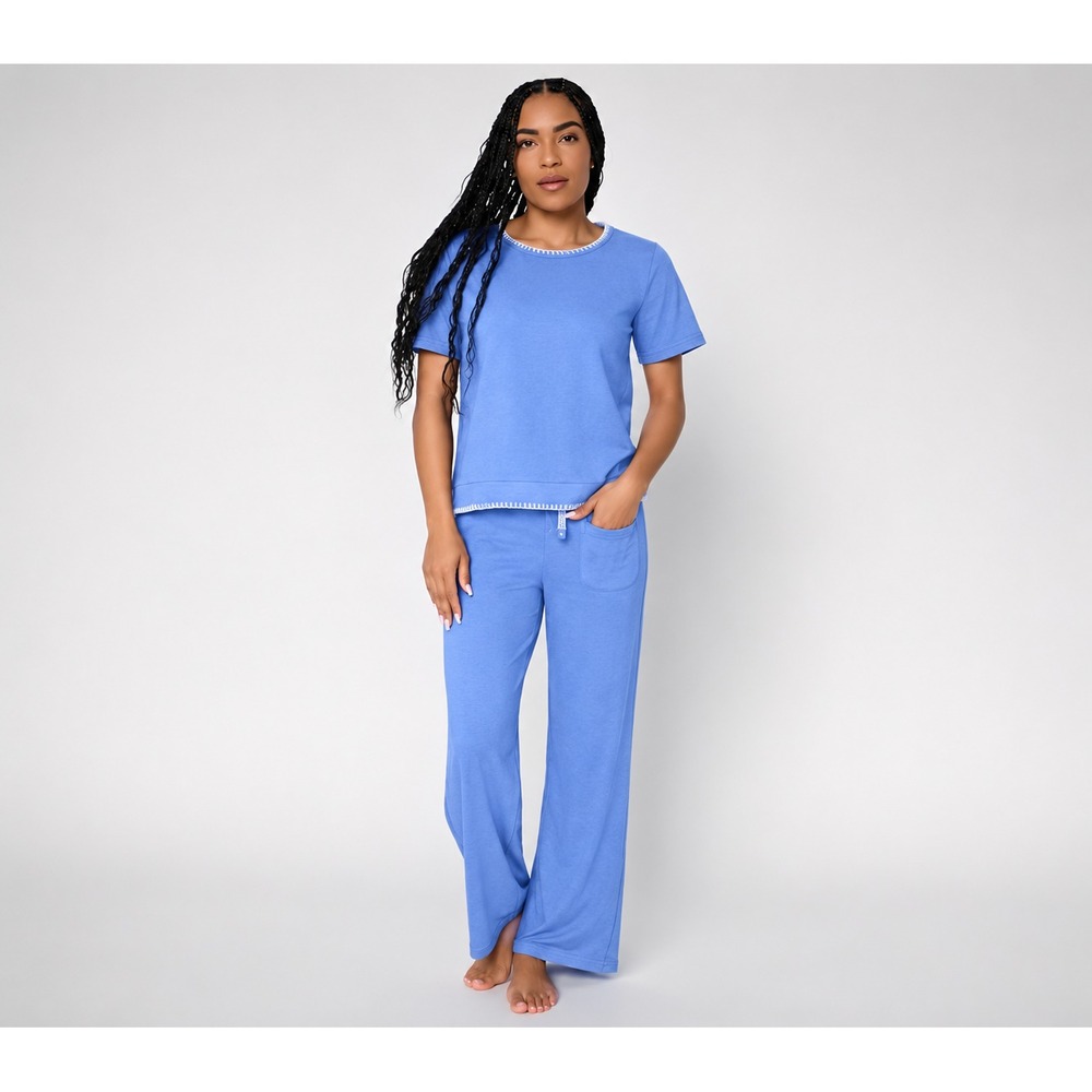 MUK LUKS Everlasting Knit Drop Shoulder Tee & Pant Lounge Set Blue, Large